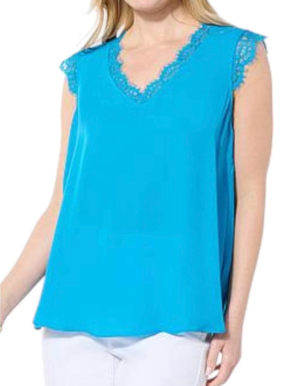 IMAN Global Chic Women's Woven V-Neck Tank Top Lace Trim Blue - Regular XS